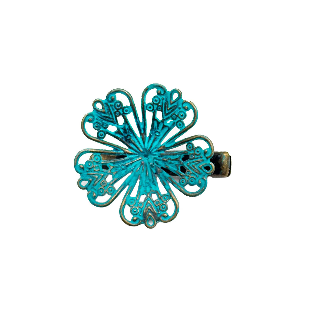 Vintage filigree flower hair clip, hand-painted, lightweight, hypoallergenic, 1.5” charm on 1.25” clip.