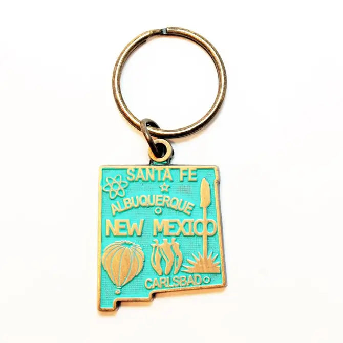 New Mexico Keychain featuring hot air balloon and chiles, hand-painted charm, 1 5/8” long, on 1” bronze keychain, hypoallergenic.