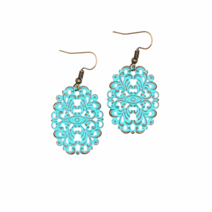 Filigree earrings with 1-inch width and 2-inch drop, hand-painted in Denver, lightweight and hypoallergenic.