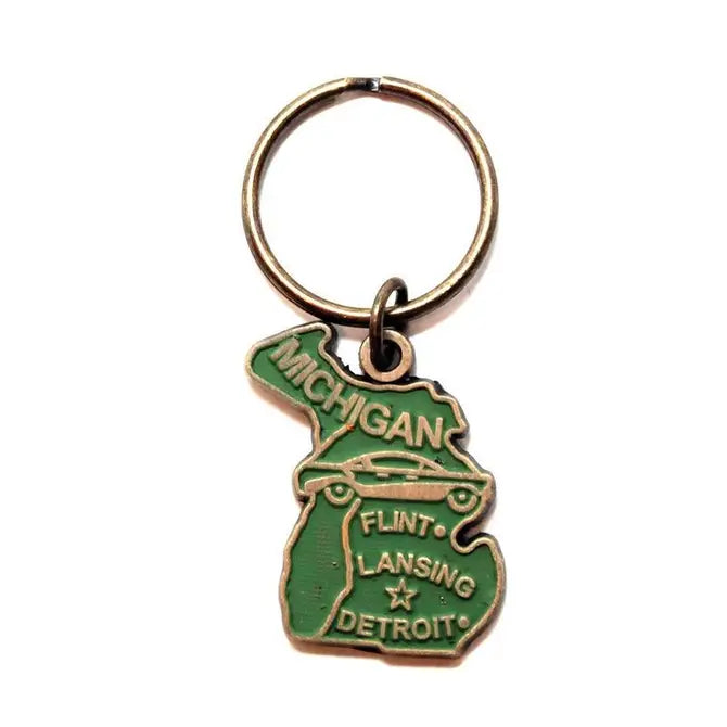Michigan Keychain featuring a hand-painted charm, 1.5 inches long, on a 1-inch bronze keychain, hypoallergenic, crafted by artisans in Denver, CO.