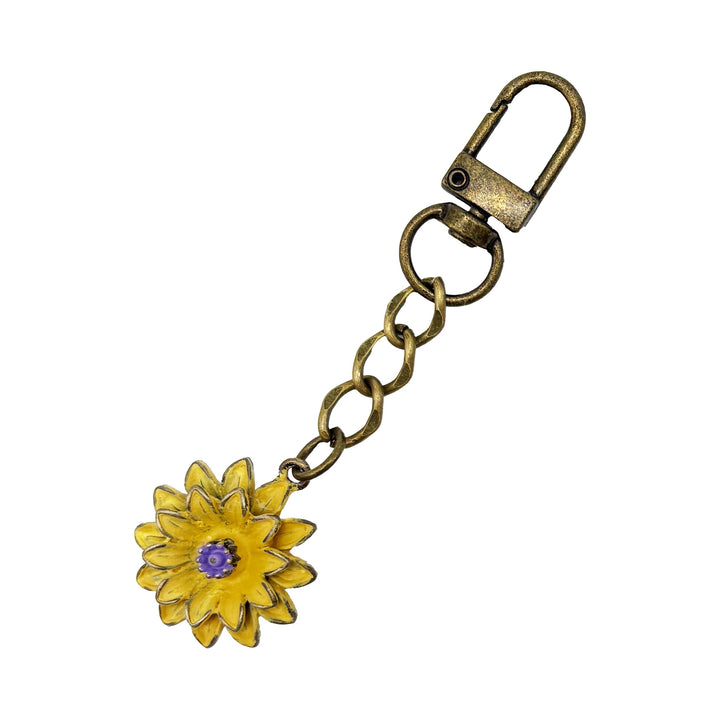 Flourish Colorful Flower Bag Charm with Leaf Charm, Hand-Painted by Artisans, 3 ⅞” Length, Hypoallergenic, Lead-Free, Nickel-Free.