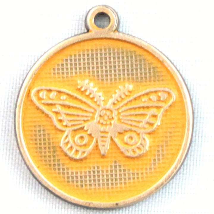 Antique bronze charm painted mustard yellow and burnished to shiny gold. One side depicts a whimsical moth. Reverse side says "Always find the light".