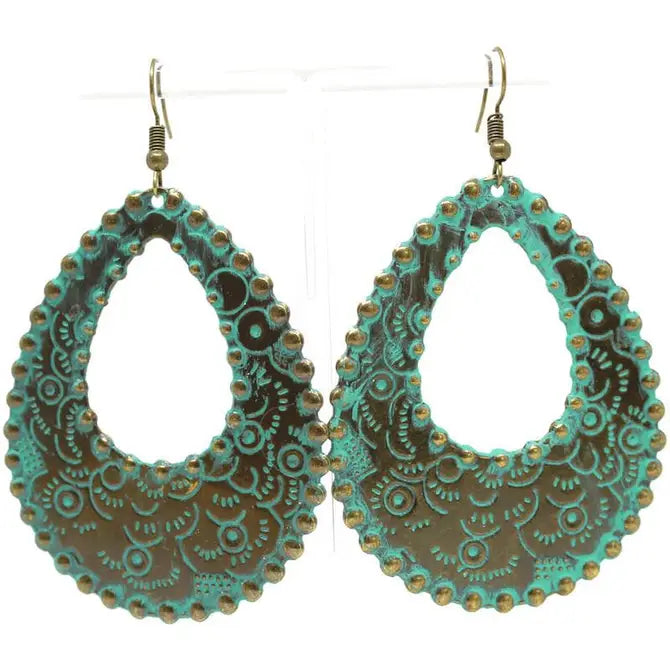 Bohemian teardrop earrings with organic flourishes, 3" drop, hand-painted, hypoallergenic.