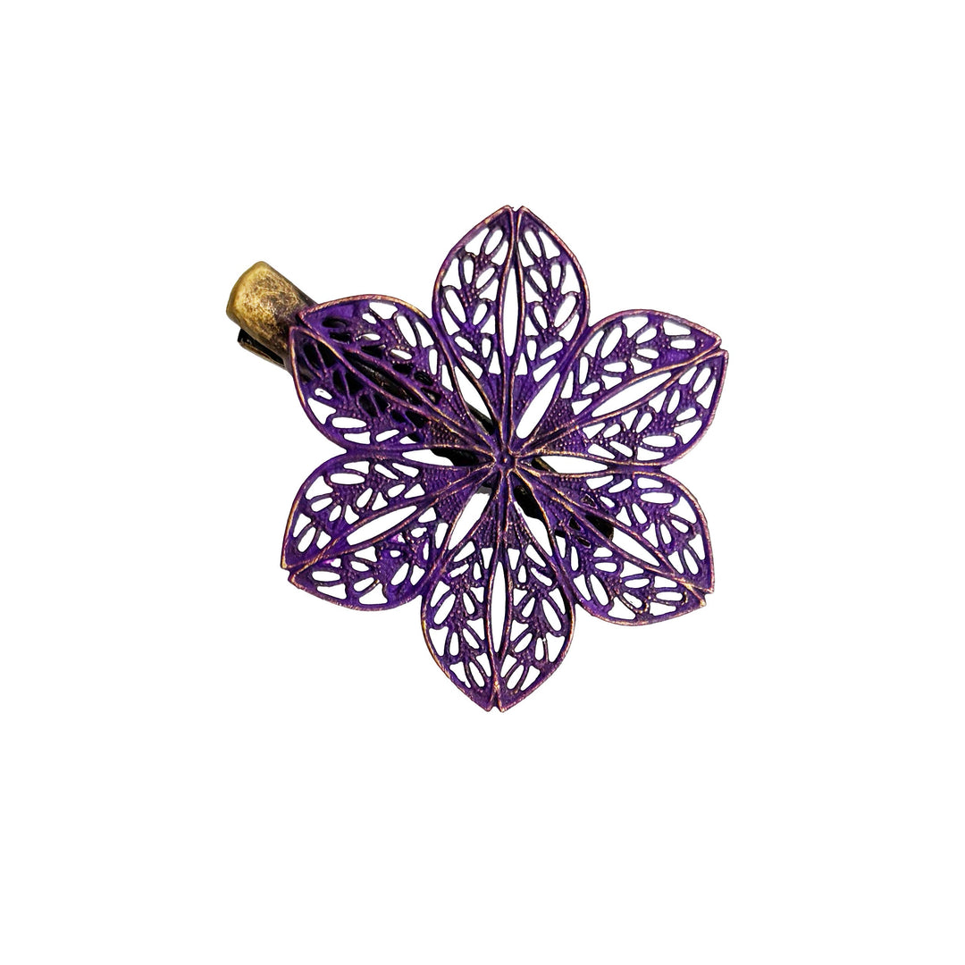 Plucky Flower Filigree Hairclip - Delicate, detailed flower design, 1 3/4” filigree charm on 1 1/4” clip, hand-painted, hypoallergenic.
