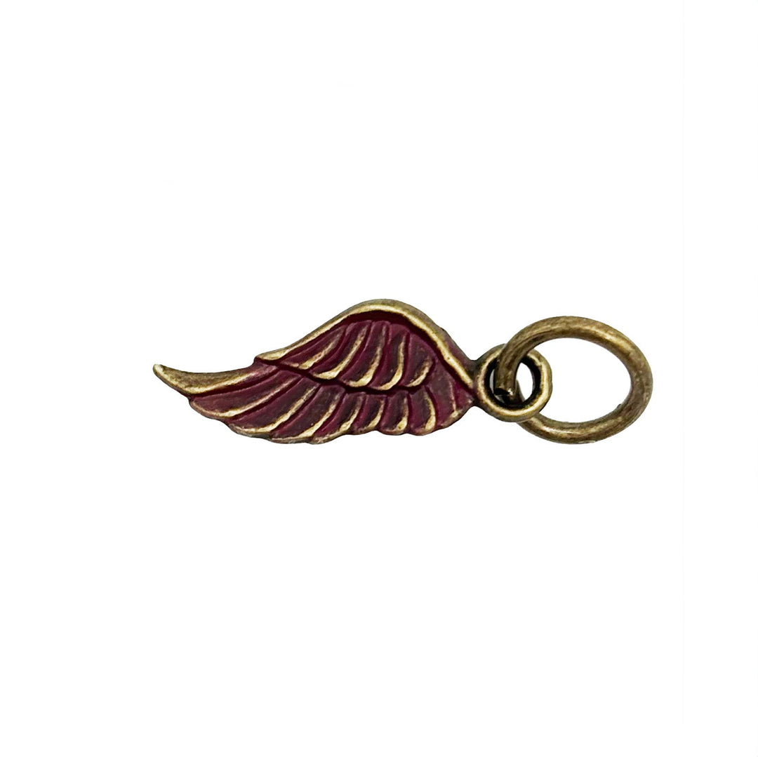 Antique bronze wing charm painted wine red and burnished to shiny gold. Charms come with attached jump ring.