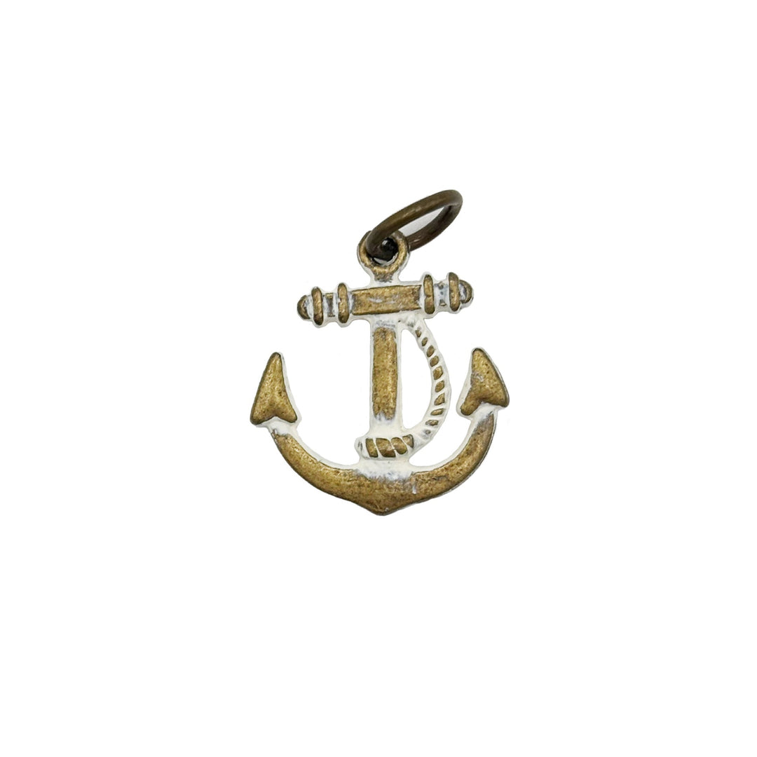 Antique bronze anchor charm with a winding rope. Hand-painted white and burnished to shiny gold. Charms come with attached jump ring.