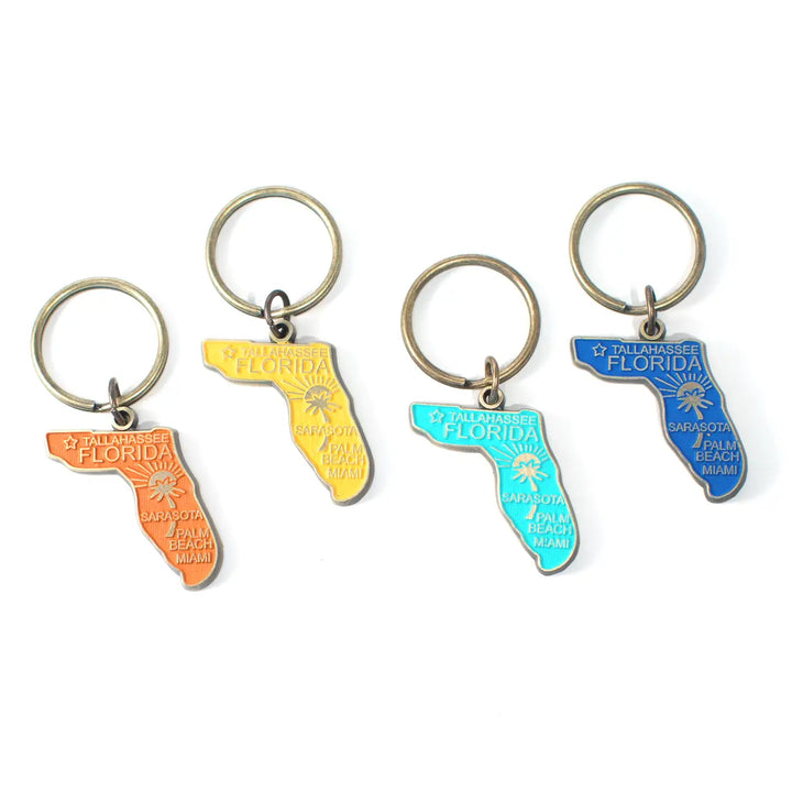 Map of Florida with sunny palm tree charm on bronze keychain, hand-painted by artisans in Denver, CO, hypoallergenic, 1 3/4” charm, 1” keychain.