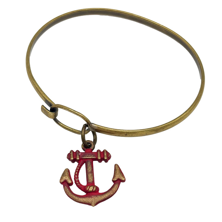 Antique bronze anchor charm with a winding rope. Hand-painted red and burnished to shiny gold. Charms come with attached jump ring. Anchor charm shown on brass hook bracelet.