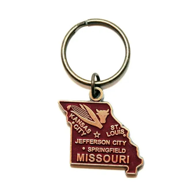 Missouri-shaped keychain with hand-painted charm, 1 3/8” long, on a 1” bronze keychain, crafted by artisans in Denver, CO. Hypoallergenic, lead-free, and nickel-free.