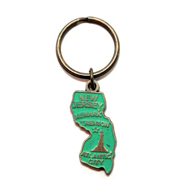 New Jersey vintage state map keychain, hand-painted, 1 3/8” charm, 1” bronze keychain, hypoallergenic, lead-free, nickel-free.