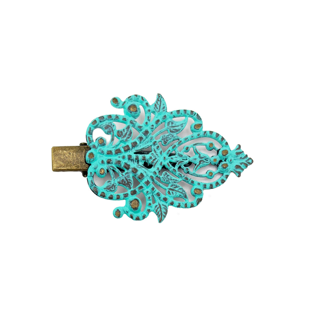 Muse Hair Clip with Ivy Filigree, Hand-Painted, Hypoallergenic, 1 3/4” Charm on 1 1/4” Clip