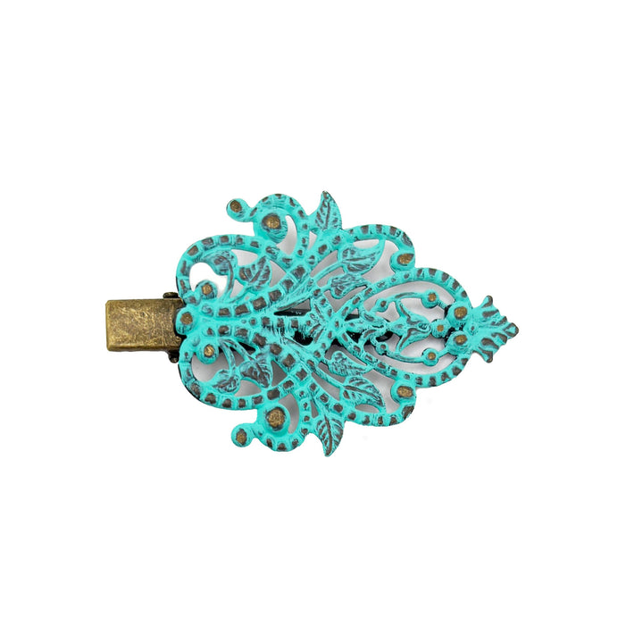 Muse Hair Clip with Ivy Filigree, Hand-Painted, Hypoallergenic, 1 3/4” Charm on 1 1/4” Clip