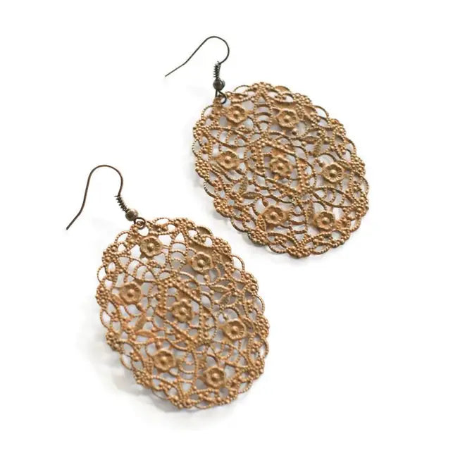 Secret Garden filigree earrings with tiny blooms on large ovals, 2 3/4” drop, hand-painted in Denver, lightweight, hypoallergenic.