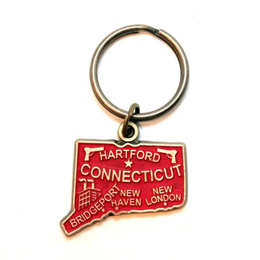 Connecticut keychain, Constitution State, hand-painted charm, artisan-made, Denver CO, 1 5/8” charm, 1” bronze keychain, hypoallergenic, lead-free, nickel-free.