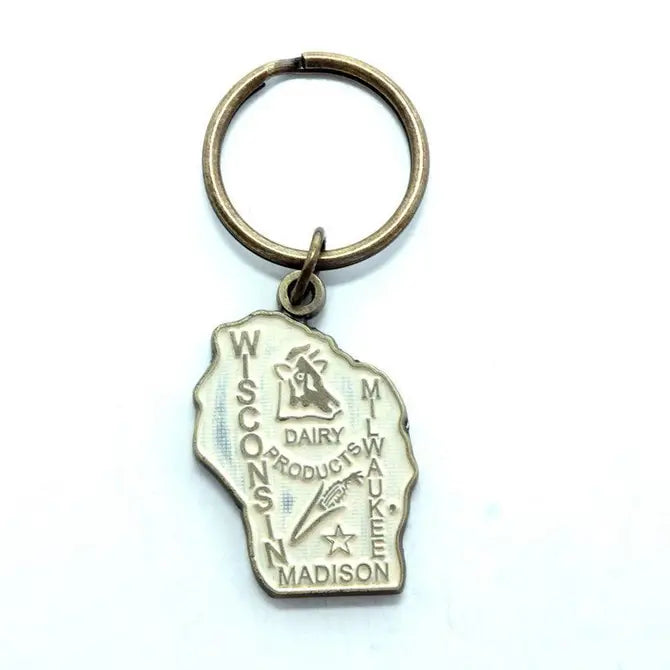 Wisconsin map-shaped keychain with dairy cow illustration, 1.5" charm on 1.75" bronze keychain, hand-painted, hypoallergenic.
