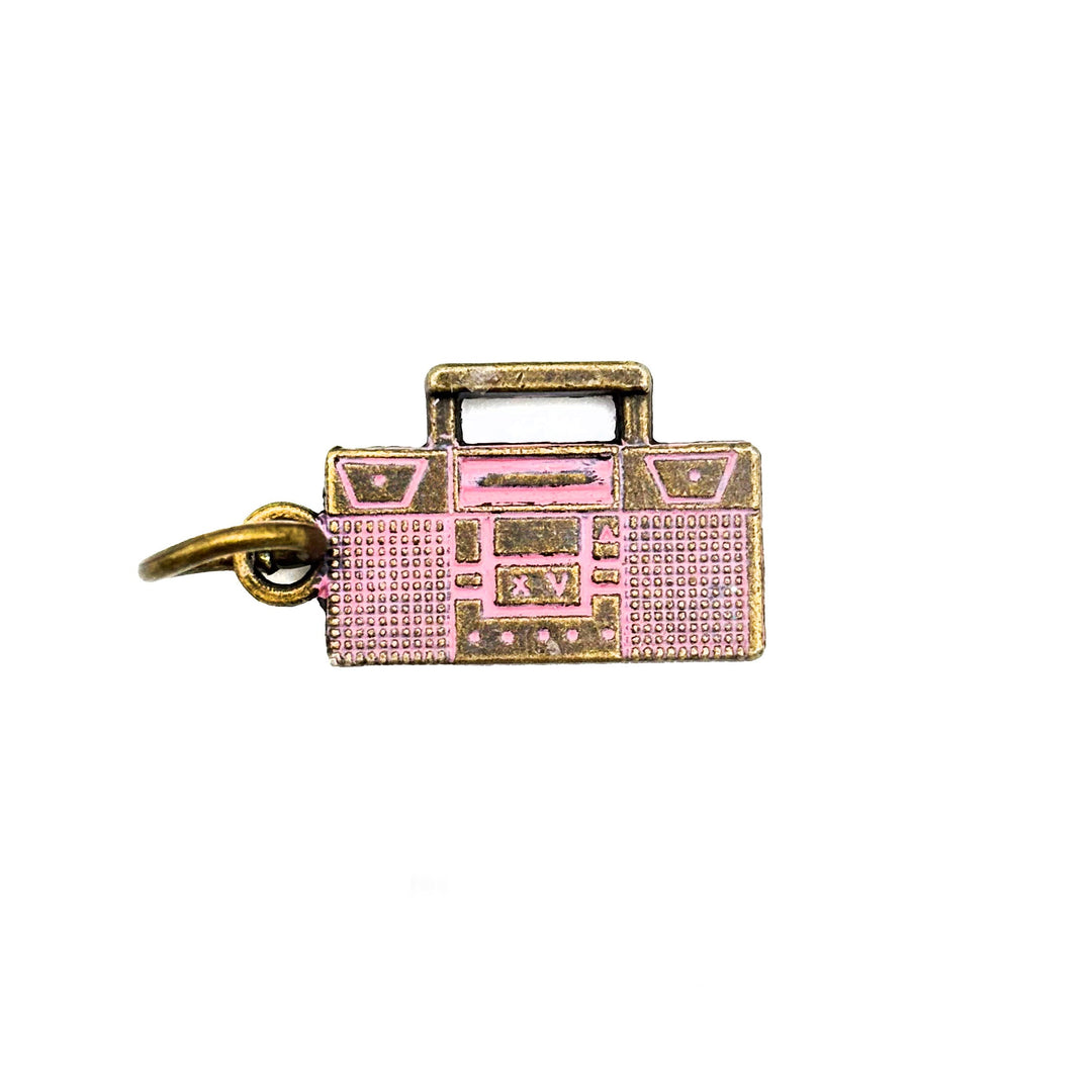 Retro boombox charm painted pink and burnished to bright gold. Charms come on a jump ring.