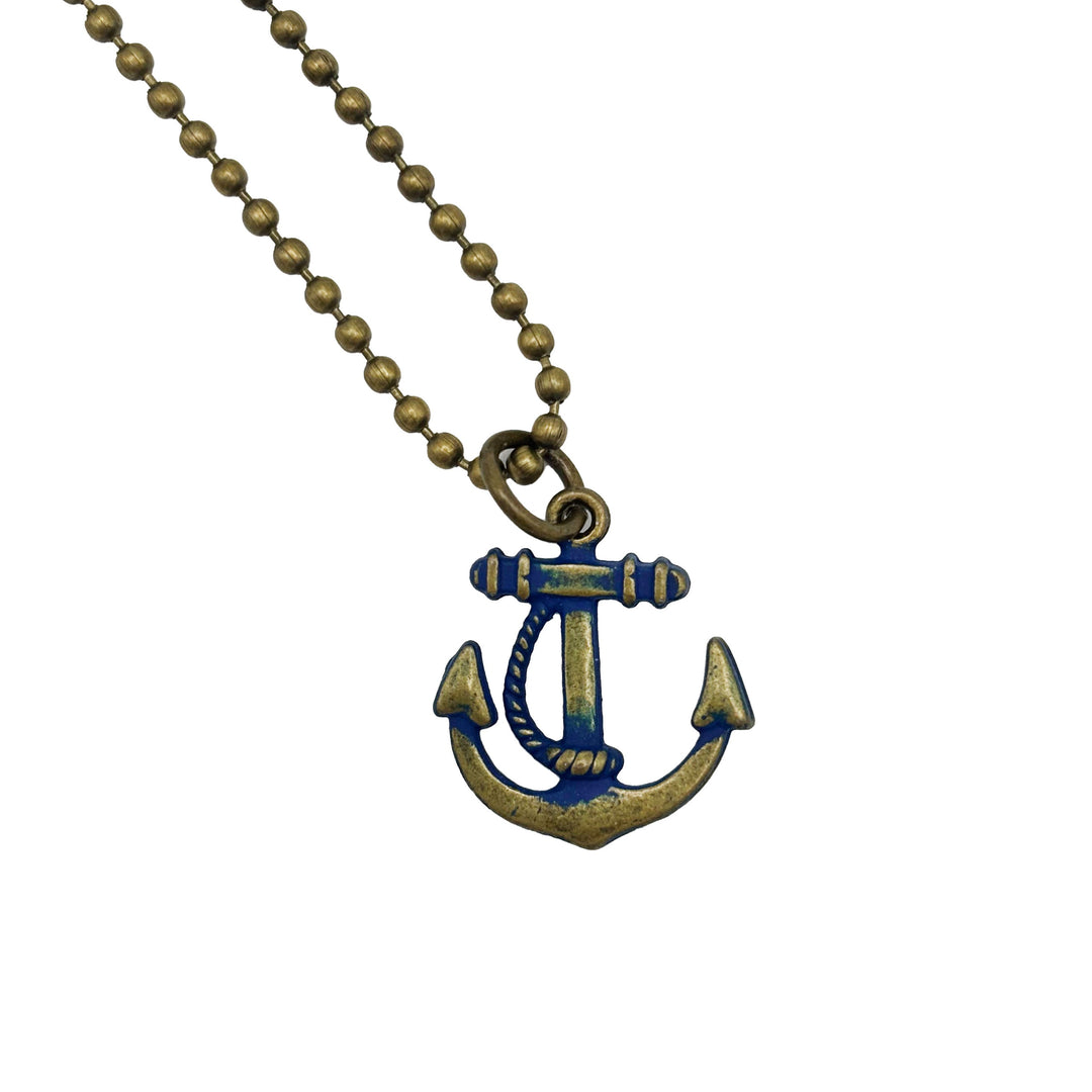 Antique bronze anchor charm with a winding rope. Hand-painted navy blue and burnished to shiny gold. Charms come with attached jump ring. Anchor charm shown on 18" antique bronze ball chain.