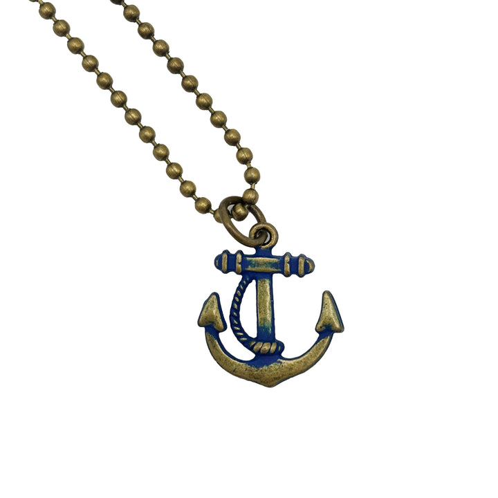 Antique bronze anchor charm with a winding rope. Hand-painted navy blue and burnished to shiny gold. Charms come with attached jump ring. Anchor charm shown on 18" antique bronze ball chain.