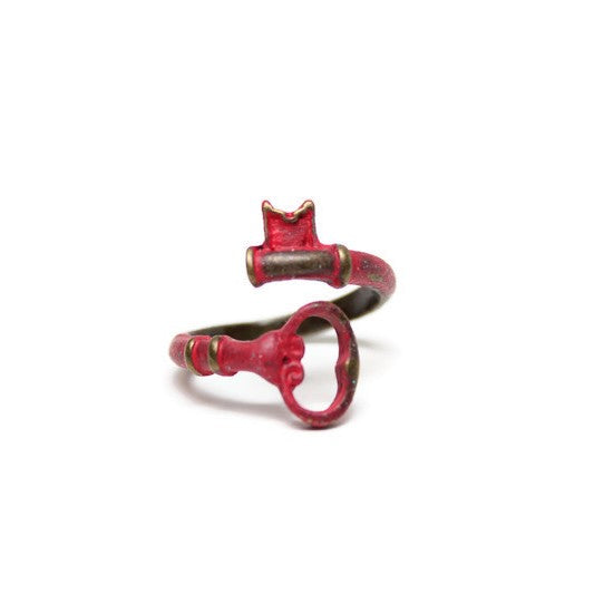 Antique bronze wrap-around key ring. Adjustable. Hand-painted red and burnished.
