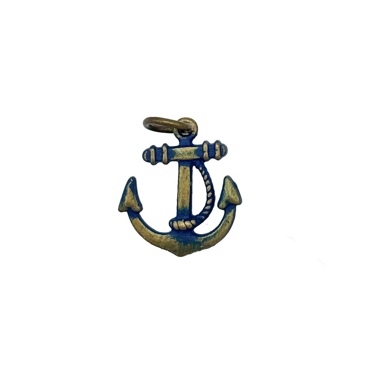 Antique bronze anchor charm with a winding rope. Hand-painted navy blue and burnished to shiny gold. Charms come with attached jump ring.