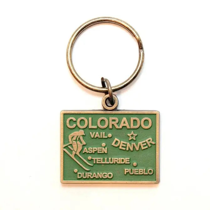 Colorado State Keychain with Map and Skier, Hand-Painted in Denver, 1 5/8” Charms on 1” Bronze Keychain, Hypoallergenic