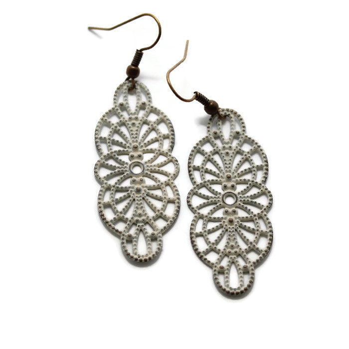 Moxie Filigree Earrings with Art Deco design, 2 1/4” drop, hand-painted, lightweight, hypoallergenic, lead-free, nickel-free.