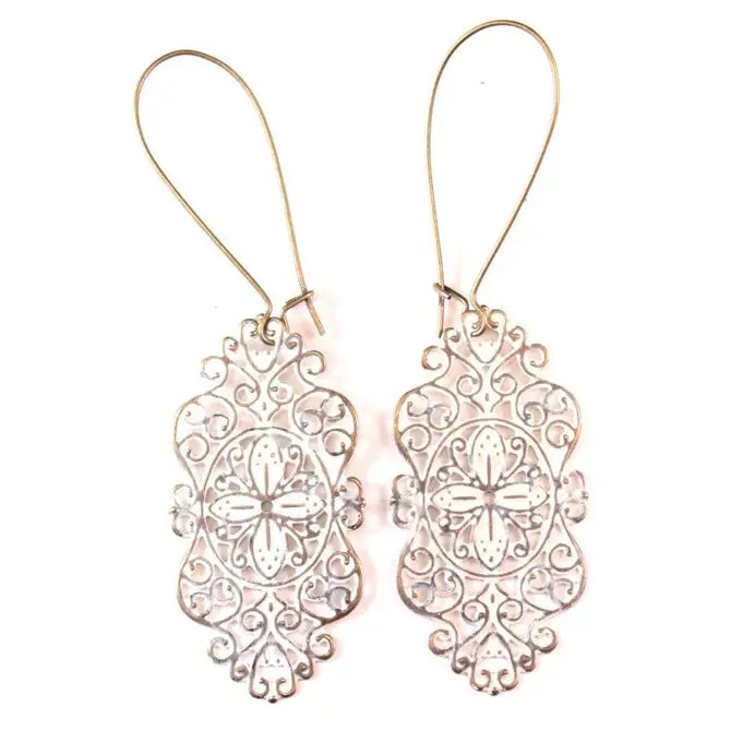 Loverly Filigree Earrings with delicate swirls, hand-painted in Denver, CO, ⅞” wide, 2 1/2” drop, lightweight, hypoallergenic.