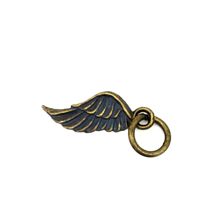 Antique bronze wing charm painted dark gray and burnished to shiny gold. Charms come with attached jump ring.