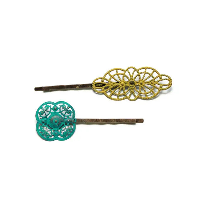 Vintage-inspired bobby pins with filigree details, hand-painted, hypoallergenic, 2 1/4” long.