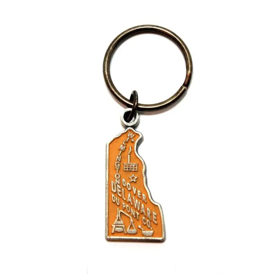 Delaware State Keychain shaped like Delaware map, hand-painted charm, 1 5/8” long, on 1” bronze keychain, hypoallergenic, lead-free, nickel-free.
