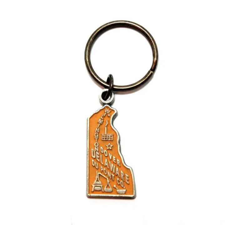 Delaware State Keychain shaped like Delaware map, hand-painted charm, 1 5/8” long, on 1” bronze keychain, hypoallergenic, lead-free, nickel-free.