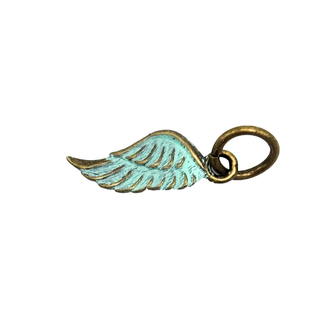 Antique bronze wing charm painted mint green and burnished to shiny gold. Charms come with attached jump ring.