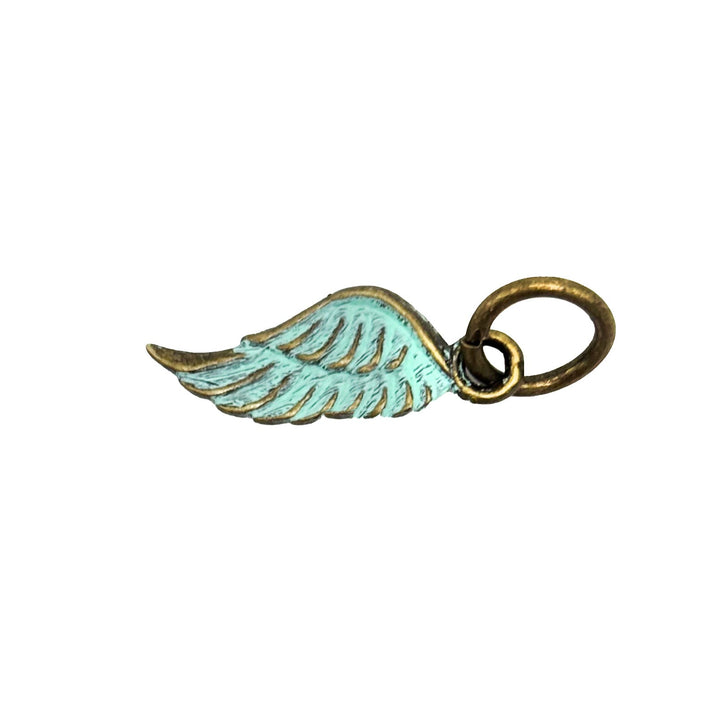 Antique bronze wing charm painted mint green and burnished to shiny gold. Charms come with attached jump ring.