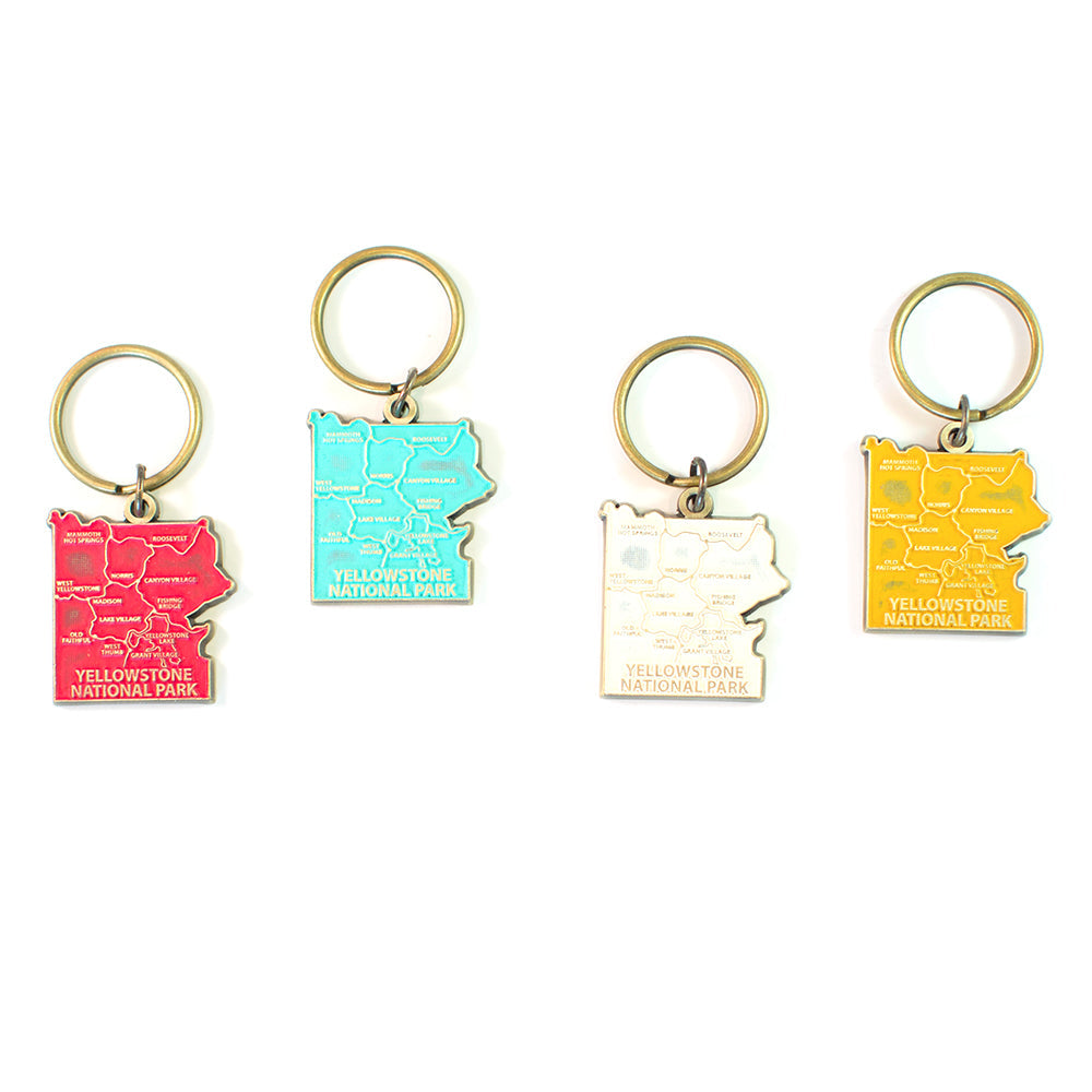 Yellowstone National Park Keychain with detailed park map, geysers, and hot springs, hand-painted charm, hypoallergenic, 1 3/8” charm on 1 3/4” bronze keychain.