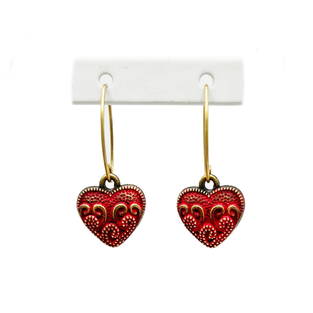 Vintage heart earrings with artisan hand-painted charms, hypoallergenic, 5/8” charms on 1” ear wires.