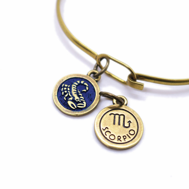 Scorpio charm with scorpion and zodiac symbol, hand-painted, hypoallergenic, available as charm on card, bracelet, or necklace.
