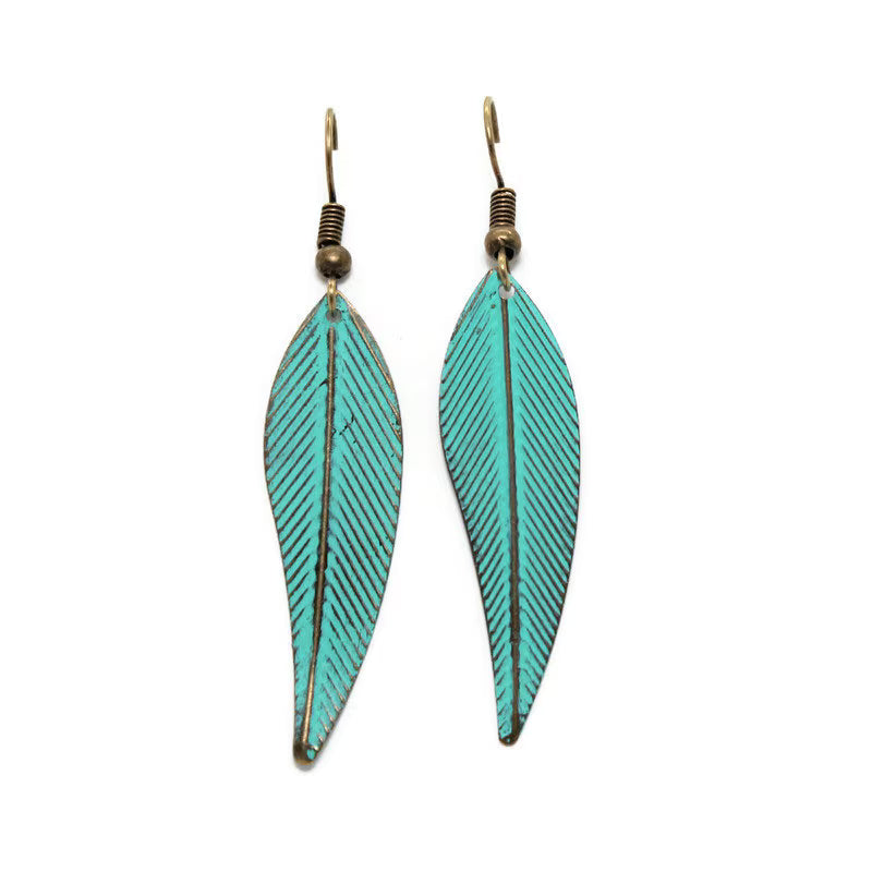 Preen Feather Earrings with long rustic-colored feathers, 2.5-inch drop, 0.5-inch wide, hand-painted, lightweight, hypoallergenic.