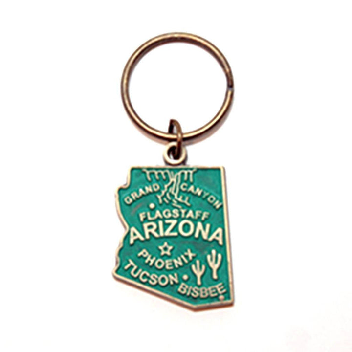 Antique bronze 1 5/8" charm keychain on 1 1/4" keyring. Alaska state charm painted teal and burnished to shiny gold. Map depicts location of Flagstaff, Phoenix, Tucson and Bisbee. Illustrated with the Grand Canyon and Saguaro cacti.
