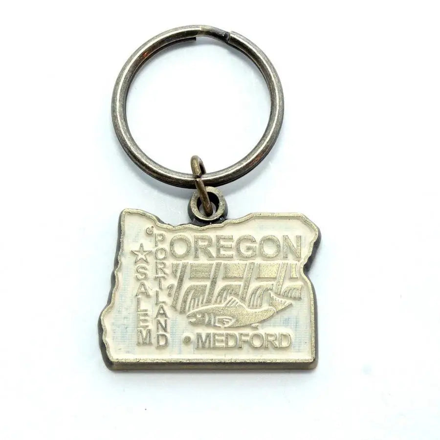Oregon Charm Keychain with rivers and salmon, 1 3/8” long, bronze keychain, hand-painted, hypoallergenic