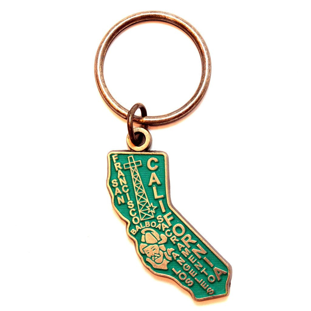 California State Keychain with hand-painted charm, 1½” long, on 1” bronze keychain, hypoallergenic, lead-free, nickel-free.