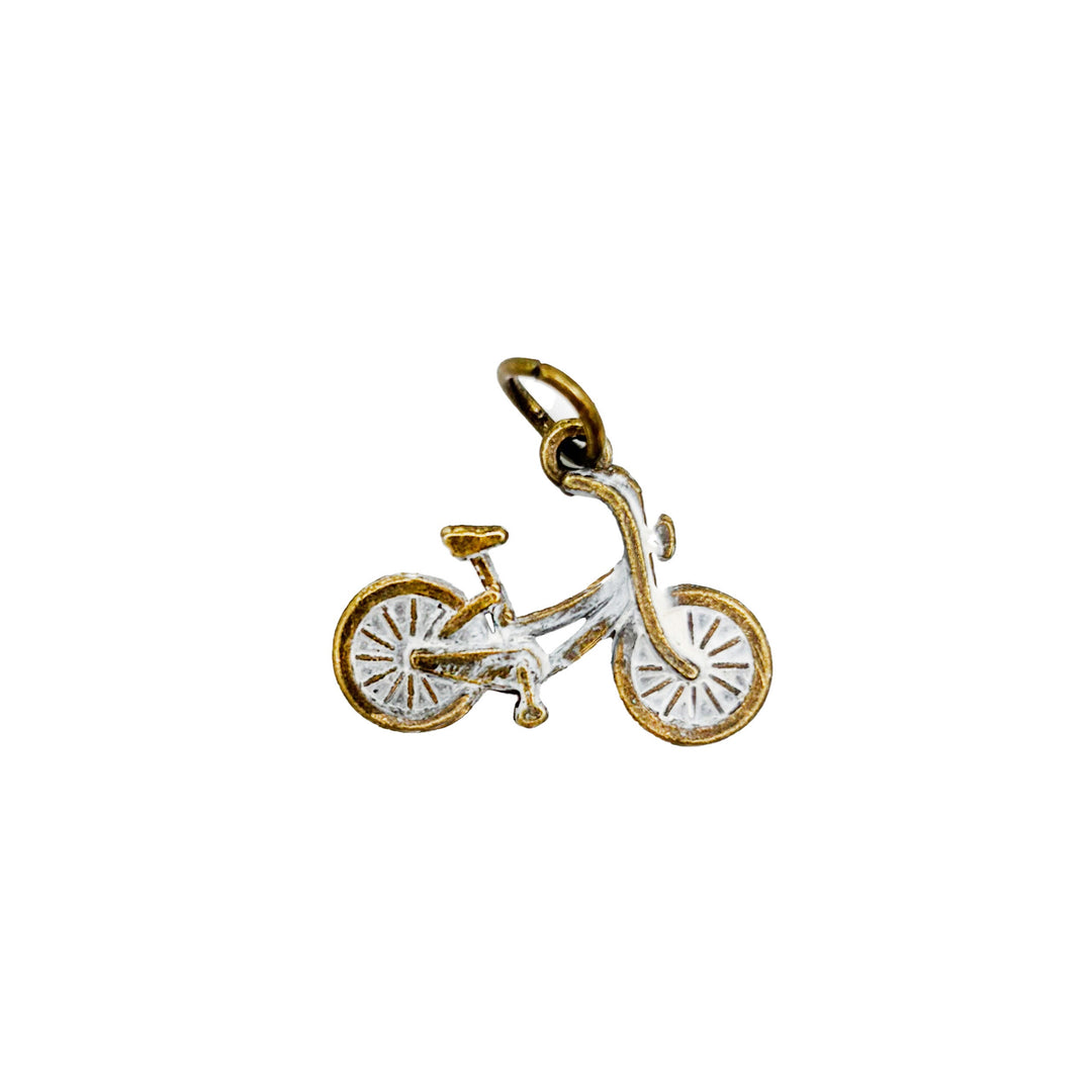 Antique bronze bicycle bike charm hand painted white and burnished. Charms come with jump rings.