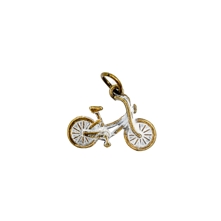 Antique bronze bicycle bike charm hand painted white and burnished. Charms come with jump rings.