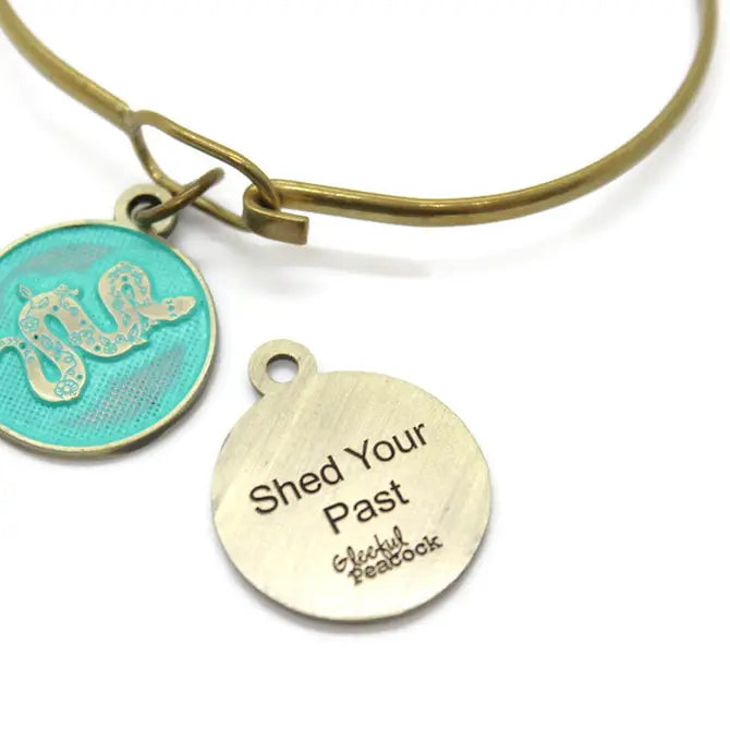 Shed Your Past Token charm, hand-painted, 3/4” long, available as charm on card, bracelet, or necklace, hypoallergenic, lead-free, nickel-free.
