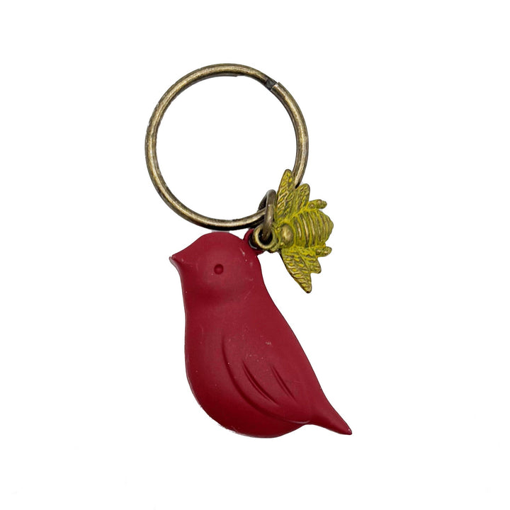 Antique bronze 1 1/2" bird charm with small bee charm keychain on 1 1/4" keyring. Red bird with avocado green bee charm.