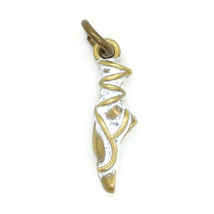 Antique bronze ballet slipper charm cream and burnished to shiny gold. Charms come with attached jump ring.